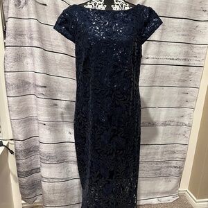 Brianna Formal Sequin Lace Navy Dress Gown Maxi Cap Sleeves Mother Bride Groom